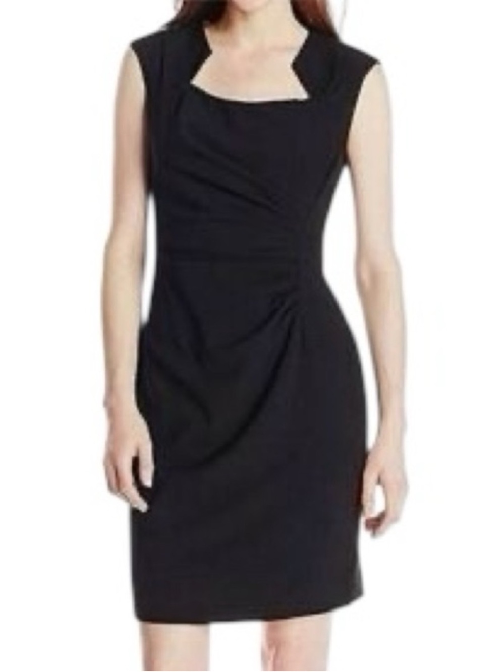 Calvin Klein Black Cap Sleeve Novelty Neckline Sheath Side-Ruched Dress size 14